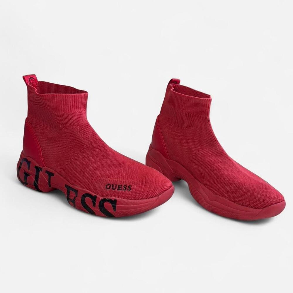 Guess Women Sock Sneakers Size 7.5 Red Black Knit Slip-On Athletic Stylish - Picture 2 of 8